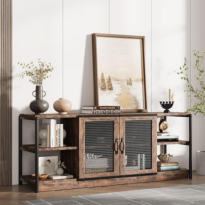 GarveeHome Farmhouse TV Stand for 65/75 inch TV, Entertainment Center with Storage Cabinet, Industrial TV Console Cabinet with Mesh Doors, 63" Rustic TV Media Console Table for Living Room, Vintage