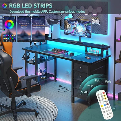 Lufeiya Black Gaming Desk with LED Lights and Power Outlets, 47 inch Computer Desk with Fabric Drawers and Storage Shelves, Home Office Desk with Monitor Stand, Black