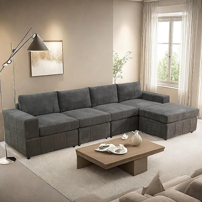 Sectional Couches for Living Room, 130″ Modular Sectional Sofa with Ottoman, Modern L Shaped Couch with Chaise for Bedroom, Brown