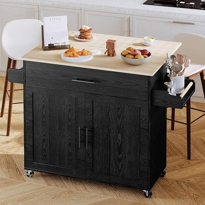 IRONCK Kitchen Island with Storage, Rolling Kitchen Island on Wheels with Drop Leaf, Charging Station, 3 Open Spice Rack, Cabinet, Drawer, Kitchen Cart Island Table for Kitchen, Black