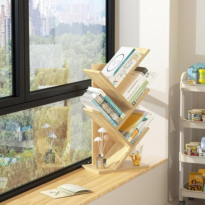 5 Tier Tree Book Shelf, Small Desktop Bookshelf with Storage Organizer, Wood Bookcase, Desk Display Bookshelves, Floor Standing Organizer Bookcases for Living Room,Bedroom,Office-Natural
