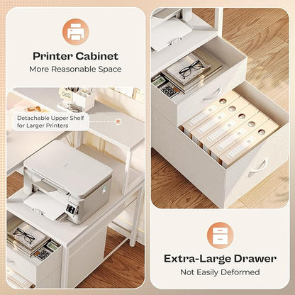 PRAISUN 66 Inch L Shaped Computer Desk with Power Outlets and LED Lights, Home Office Desk with Fabric Drawers and Print Stand, L Shape or Long Set up, Monitor Stand, Mesh CPU Stand, White