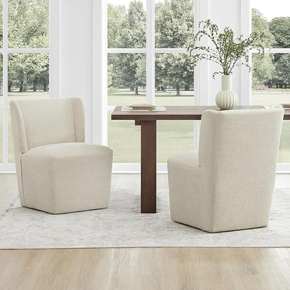 Upholstered Dining Chair with Casters Wingback Modern Side Armless Deskchair with Rollers for Diningroom Bedroom Livingroom Reading Room,Cream Beige,2 Box