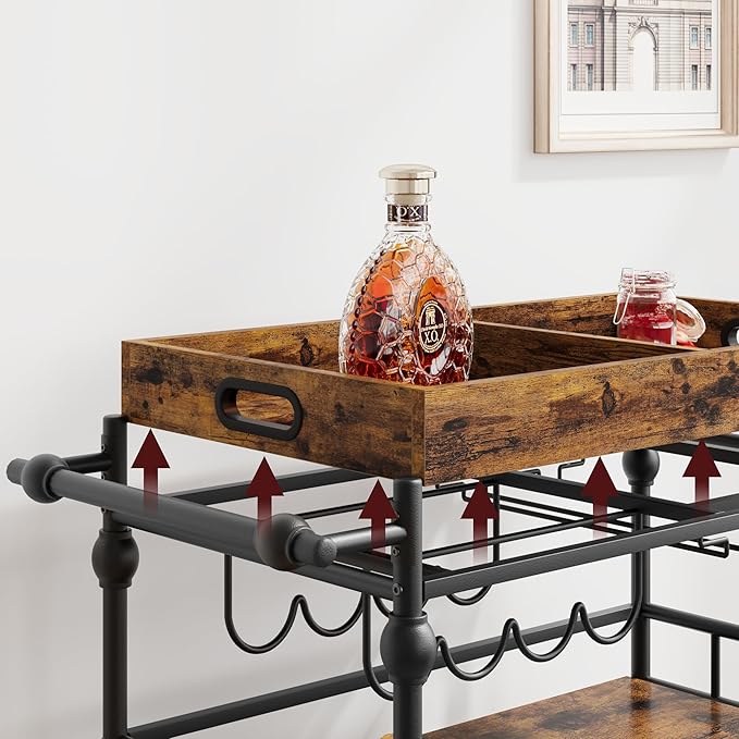 Bar Cart, Bar Carts for The Home, 3 Tier Serving Cart with Wheels, Home Bar & Serving Carts, Metal Rolling Cart with Wine Rack & Removable Tray for Kitchen, Dining Room, Living Room-Retro Brown