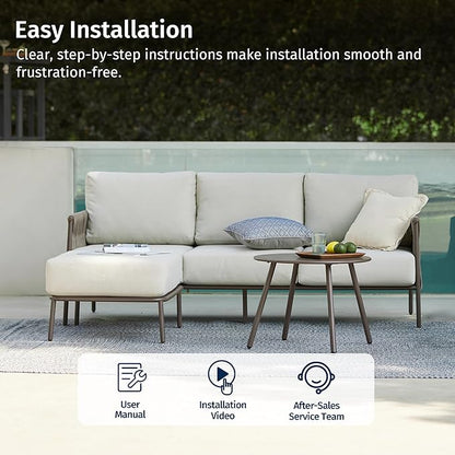 EAST OAK 3-Piece Patio Furniture Set | Life Chatter 4-Seat Outdoor Furniture | Sectional Sofa Set with Round Coffee Table | Deep Seating Sofa with Thick & Washable Cushions | Chestnut & Apricot
