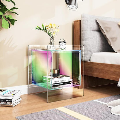 Acrylic Nightstand Colorful Bedside Table with Open Storage Shelf,Clear Side Table for Living Room (1, Iridescent)