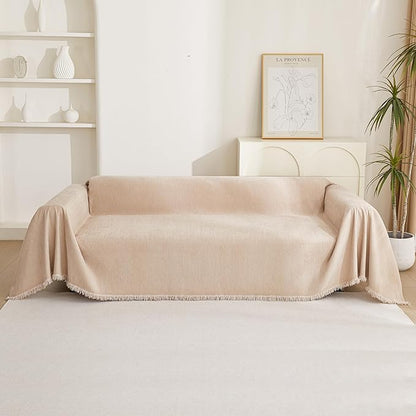 MYSKY HOME Couch Cover 3 Cushion Sofa with Tassel Chenille Sofa Covers Couch Covers for 3 Cushion Couch Sofa Slipcovers for Sectional l Shaped Couch Dogs Protector Furniture Covers, 91" X150", Khaki