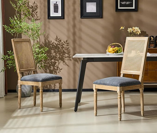 Merax Upholstered Solid Wood Dining Chairs Set of 2, French Country Style Accent Side Seating Furniture for Kitchen, Living Room, Wicker Back, Blue Gray
