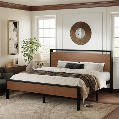 Allewie King Size Platform Bed Frame with Wooden Headboard and Footboard, Heavy Duty 12 Metal Slats Support, No Box Spring Needed, Under-Bed Storage, Noise Free, Easy Assembly, Walnut