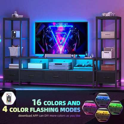 DWVO Entertainment Center with Bookshelves, LED TV Stand for 65/60 inch TV, Black TV Stand for Living Room with 2 Modern 4-Tier Bookshelves & Power Outlets, Black