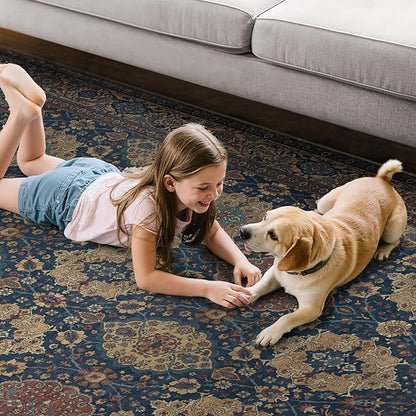 8X10 Area Rugs Machine Washable Rugs for Living Room, Vintage Boho Large Rugs for Bedroom Dining Room, Non Slip Indoor Soft Distressed Lightweight Thin Low Pile Carpet, Navy Tan