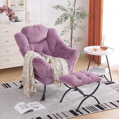 Oversized Chair with Ottoman, Modern Chair with Folding Footrest, Lounge Accent Chair, Comfortable Reading Chair for Bedroom, Study, Living Room, Courtyard (Plush Purple)