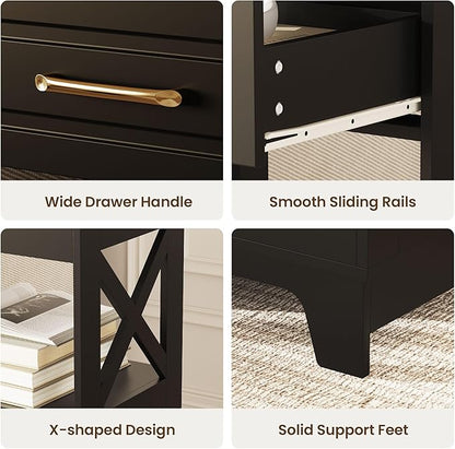Tall Nightstand Set of 2 Side Table with 2 Drawers Modern Night Stand Wooden End Table Bedside Table with Upper Open Shelf Solid Feet for Bedroom, Living Room, Black