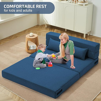 Folding Sofa Bed with Pillows- Convertible Chair Floor Couch & Sleeping Mattress, Foldable Memory Foam Sleeper for Living Room/Dorm/Guest Room/Home Office/Apartment/Loft, Full, Navy Blue
