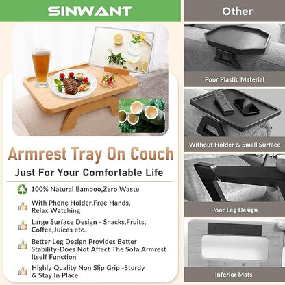 SINWANT Couch Arm Tray Table, Large Bamboo Couch Armrest Table with Phone Holder,Foldable Sofa Armrest Tray for Eating Snacks Drinks Remote Books Arm Chair