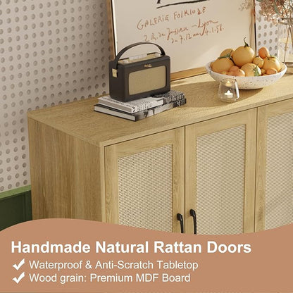 Storage Cabinet with Rattan Trim - 4 Door Sideboard Buffet Cabinet with Storage and Shelves for Bathroom, Coffee Bar, Kitchen, Living Room, Hallway (Natural Wood)