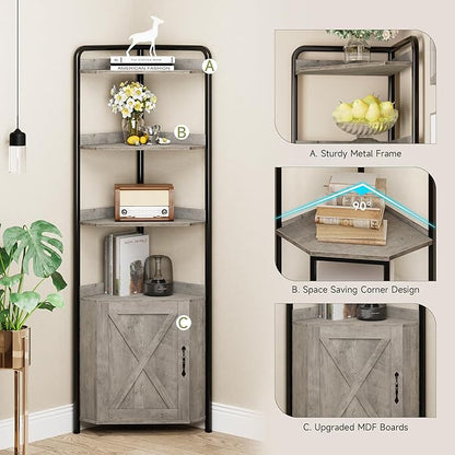 IDEALHOUSE 70.9 Inch Corner Cabinet 5-Tier Tall Corner Cabinet Farmhouse Bookshelves Rustic Storage Rack Industrial Bookcase Plant Stand for Living Room, Bedroom, Home Office, Kitchen