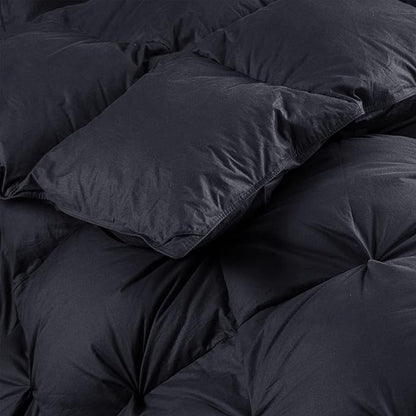 Luxurious All-Season Goose Down Feather Fiber Comforter Queen Size Duvet Insert, Exquisite Black Pinch Pleat Design, Premium Baffle Box, 100% Egyptian Cotton Cover, 65 oz. Fill Weight, Black