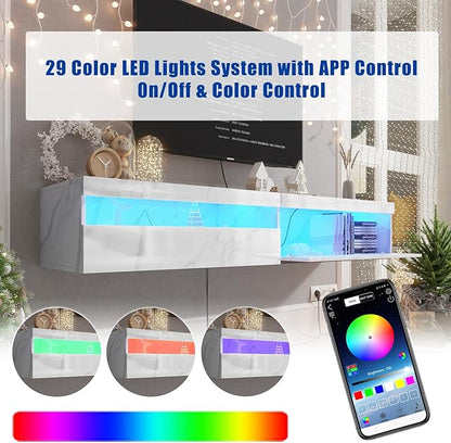 Floating TV Stand with Led Lights, 71 inch Wall Mounted TV Shelf with Power Outlet, Modern Entertainment Center Media Console with Storage Cabinet, Up to 80 Inch TVS, White Slate