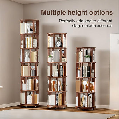 KEIKI 360° Spinning Revolving Bookcase, Solid Wood 6 Tier Rotating Bookshelf with Storage, Narrow Tall Book Rack & Art Deco Bookshelf Organizer, Walnut