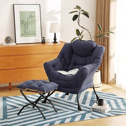 Lazy Chair with Ottoman, Modern Chair with Folding Footrest, Lounge Accent Chair, Comfortable Reading Chair (Navy Blue)