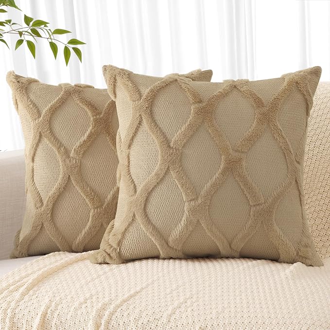 decorUhome Throw Pillow Covers 22x22 Inch Set of 2, Soft Plush Faux Fur Wool Khaki Couch Pillow Covers, Decorative Neutral Pillow Cases for Bed Sofa Living Room Home Decor