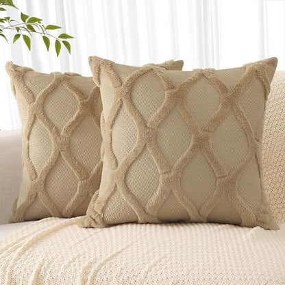 decorUhome Throw Pillow Covers 22x22 Inch Set of 2, Soft Plush Faux Fur Wool Khaki Couch Pillow Covers, Decorative Neutral Pillow Cases for Bed Sofa Living Room Home Decor
