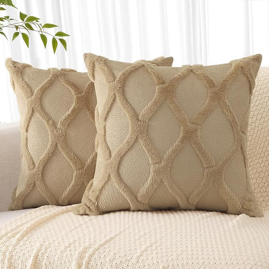 decorUhome Throw Pillow Covers 22x22 Inch Set of 2, Soft Plush Faux Fur Wool Khaki Couch Pillow Covers, Decorative Neutral Pillow Cases for Bed Sofa Living Room Home Decor
