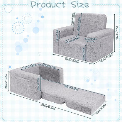 SLIGUY Toddler Couch & Chair - Convertible Sofa to Lounger, Pull Out Couch with Sherpa Cover in Dark Grey