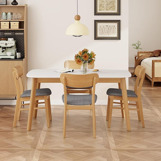 Merax 5-Piece Dining Set, Solild Wood Table & Chairs with Backrests for 4, Farmhouse Natural Kitchen Furniture for Home, Dining Room, Natural Oak+Gray