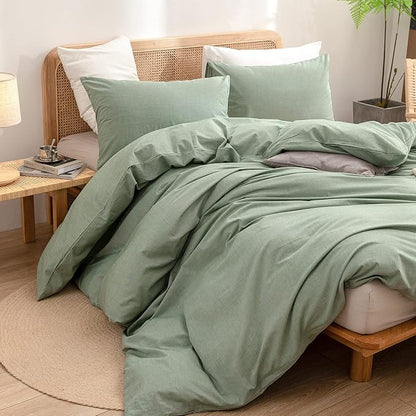 BESTOUCH Duvet Cover Set 100% Washed Cotton Linen Feel Super Soft Comfortable Chic Lightweight 2 PCs Home Bedding Set Solid Green Twin/Twin XL