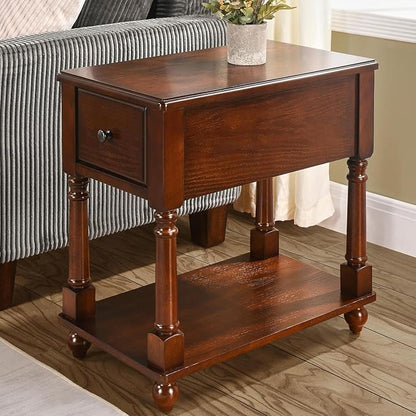 LEEMTORIG Narrow Nightstand with Drawer, No-Tools Assembly Wood End Tables Living Room Side Tables Bedroom, Mid-Century Modern 13"W Slim Narrow Bedside Table, 22"D x 22.3"H, Cherry Brown BBJ-004-DWA