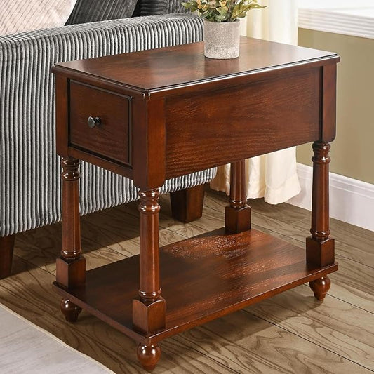 LEEMTORIG Narrow Nightstand with Drawer, No-Tools Assembly Wood End Tables Living Room Side Tables Bedroom, Mid-Century Modern 13"W Slim Narrow Bedside Table, 22"D x 22.3"H, Cherry Brown BBJ-004-DWA