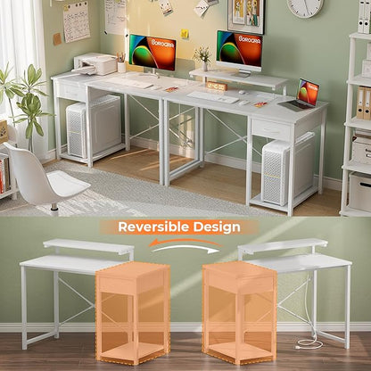 Computer Desk with Adjustable Monitor Stand, 47.2 in Small Desk with Reversible Storage Shelves, Office Desk with Spacious Desktop Spaces for Home Bedroom Workstation, White