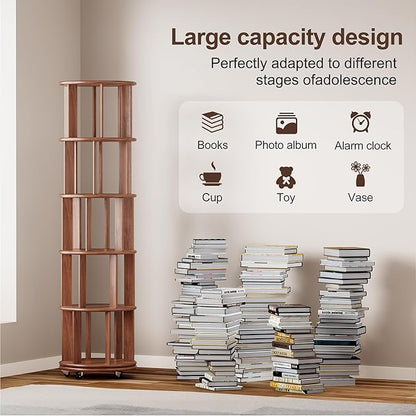 KEIKI 5 Tier Rotating Bookshelf on Wheels, Solid Wood Revolving Bookcase with Storage, 360° Spinning Tall Book Organizer for Small Space, Bedroom, Living Room, Walnut