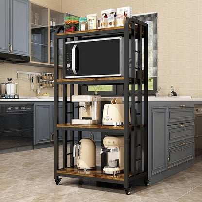 4-Tier Kitchen Baker's Rack with Rolling Wheels, Microwave Oven Cart Stand, Adjustable Utility Shelving Storage Unit, Heavy Duty Organizer Rack for Living Room, Garage, Home and Office(Brown)
