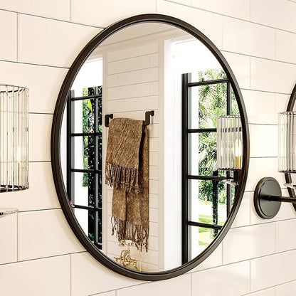 Growsun 15.7'' Black Round Mirror, Circle Wall Mirror for Bathroom Vanity, Entryway Living Room with Metal Frame for Home Decor