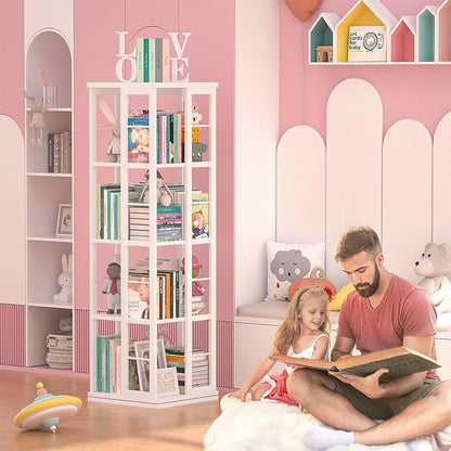 Aheaplus Rotating Bookshelf, 4-Tier Corner Bookshelf, 360 Display Wood Spinning Bookshelf, Floor Standing Bookcase Narrow Shelf Revolving Organizer Storage Rack for Small Space, Study Room, White