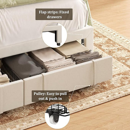 Queen Bed Frame with Storage Drawers, Upholstered Platform Bed with Headboard and Wingboard, No Box Spring Needed, Noise Free, Easy Assembly, Wooden Support Slats, Beige