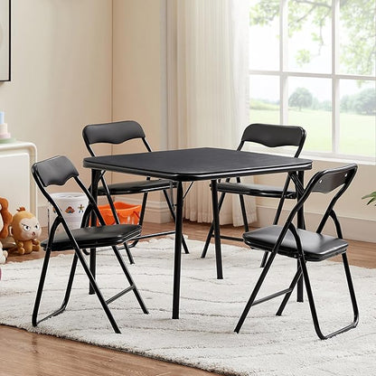 VECELO Kids Folding Activity Table and Chairs 5 Piece Set, Portable, with Ultra Soft Padded Cushion, Classic Black