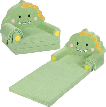 Kids Couch, 2-in-1 Soft Toddler Couch Fold Out with Blanket, Chair Comfy, Foldable Convertible Plush Sofa to Lounger, Gifts for Kids Girl Boys, Dinosaur