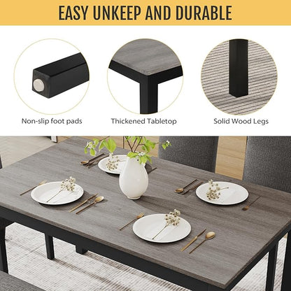 6-Piece Solid Wood Dining Table Set, Including 1 Dining Table, 4 Upholstered Chairs and 1 Bench, Wooden Legs Dining Table Set for Dining Room, Kitchen, Restaurant, Dark Grey