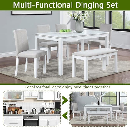 KEIKI 6-Piece Standard Height Dining Table Set with Rectangular Table, 4 Upholstered Chair, Bench, for 6 Person, Modern Crystal Decoration Table Set, Easy Assembly, for Kitchen, Dining Room, White
