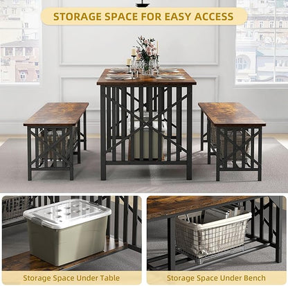 DWVO 3-Piece Dining Table Set for 4-6 People, 63" Dining Room Table with 2 Benches, Industrial Rectangular Dining Room Table Set with Storage for Kitchen, Dining Room, Rustic Brown