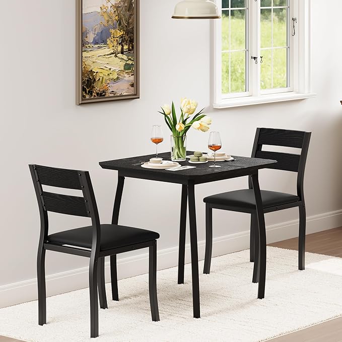 Small Dining Table Set for 2,3-Piece Kitchen Table Set with Thick Wood Grain Tabletop & 2 Upholstered Chairs & Metal Frame, Compact Table Set for Small Spaces, Kitchens & Dining Rooms (Black)