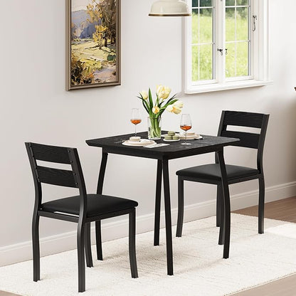Small Dining Table Set for 2,3-Piece Kitchen Table Set with Thick Wood Grain Tabletop & 2 Upholstered Chairs & Metal Frame, Compact Table Set for Small Spaces, Kitchens & Dining Rooms (Black)