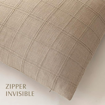 Foindtower Set of 2 Decorative Linen Check Throw Pillow Covers Neutral Farmhouse Vintage Cushion Covers Modern Coastal Boho Home Decor For Sofa Chair Couch Bedroom Living Room Outdoor,20×20 Inch,Camel