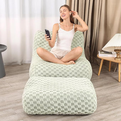 Bean Bag Chair with Footstool, Comfy Reading Sofa Chair for Adults, Modern Floor Sofa for Livingroom, Bedroom, Green