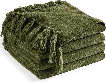 Chenille Throw Blanket for Couch 60"X 80" Twin, Soft Cozy Throws with Fringe Tassel for Bed Sofa Chair Cover, Lightweight Knitted Decorative Boho Blankets for Living Room, Olive Green