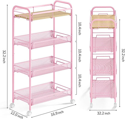 KINGRACK 4-Tier Wide Metal Rolling Storage Cart, Utility Cart with Wooden Tabletop for Laundry, Bathroom, Kitchen, Apartments, Dormitory (Pure Pink, Wide)